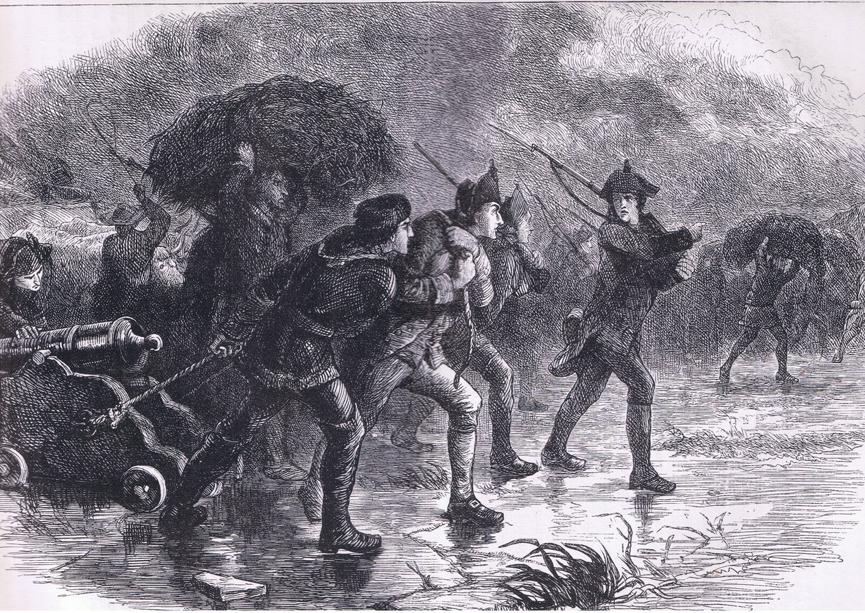 Night Maoeuvres of the Americans at Boston, illustration från Cassells History of the United States publicerad av Cassell, Petter & Galpin, c.1900 (litho) av American English school