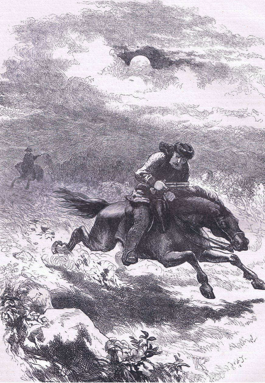 Pursuit of Paul Revere the scout, illustration från Cassells History of the United States publicerad av Cassell, Petter & Galpin, c.1900 (litho) av American English school