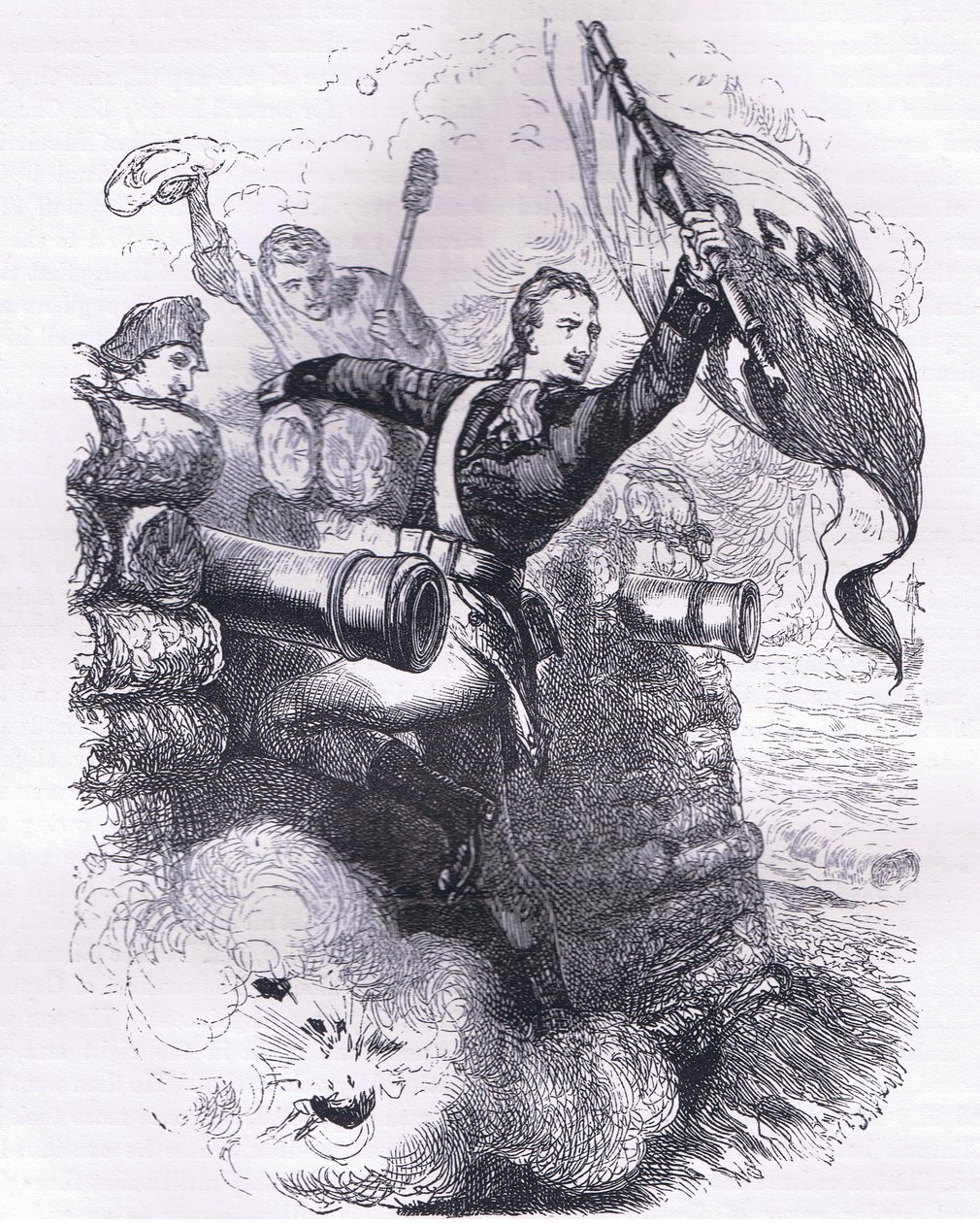 Sergeant Jasper hämtar flaggan, illustration från Cassells History of the United States publicerad av Cassell, Petter & Galpin, ca 1900 (litho) av American English school