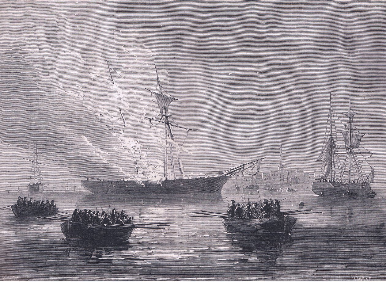 The burning of Gaspe, illustration från Cassells History of the United States publicerad av Cassell, Petter & Galpin, c.1900 (litho) av American English school