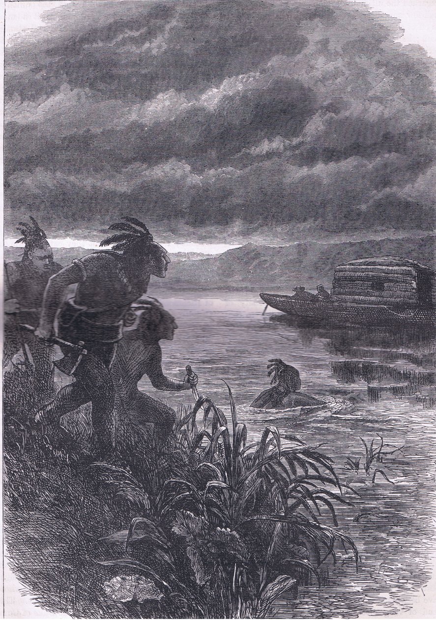 Handlare på Ohio attackerade av vildar, illustration från Cassells History of the United States publicerad av Cassell, Petter & Galpin, ca 1900 (litho) av American English school