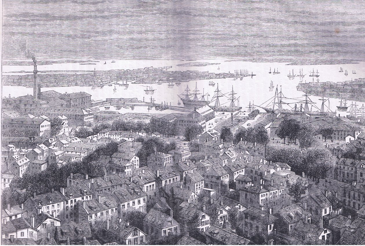 View of Boston av Bunkers Hill, illustration från Cassells History of the United States publicerad av Cassell, Petter & Galpin, c.1900 (litho) av American English school