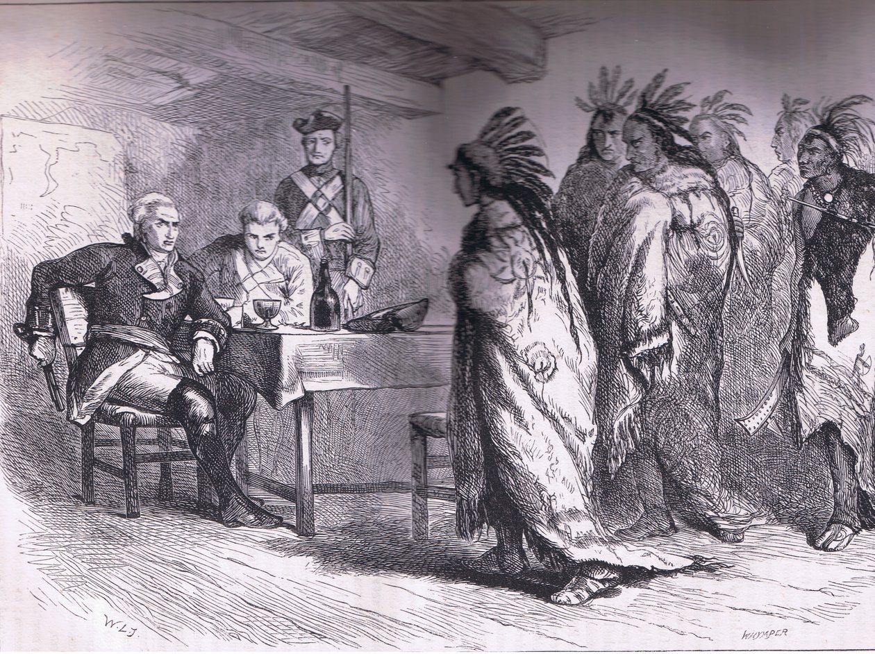 Besök av Pontiac och indianerna hos major Gladwin 1763, illustration från Cassells History of the United States publicerad av Cassell, Petter & Galpin, c.1900 (litho) av American English school
