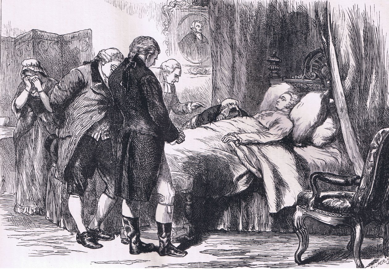 Washington på sin dödsbädd, illustration från Cassells History of the United States publicerad av Cassell, Petter & Galpin, c.1900 (litho) av American English school
