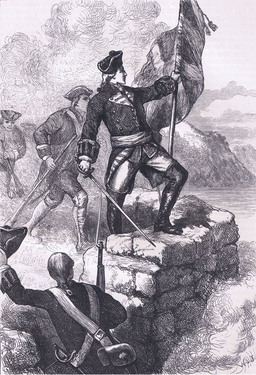 Washington planterar den brittiska flaggan i Fort Duquesne, illustration från Cassells History of the United States publicerad av Cassell, Petter & Galpin, c.1900 (litho) av American English school