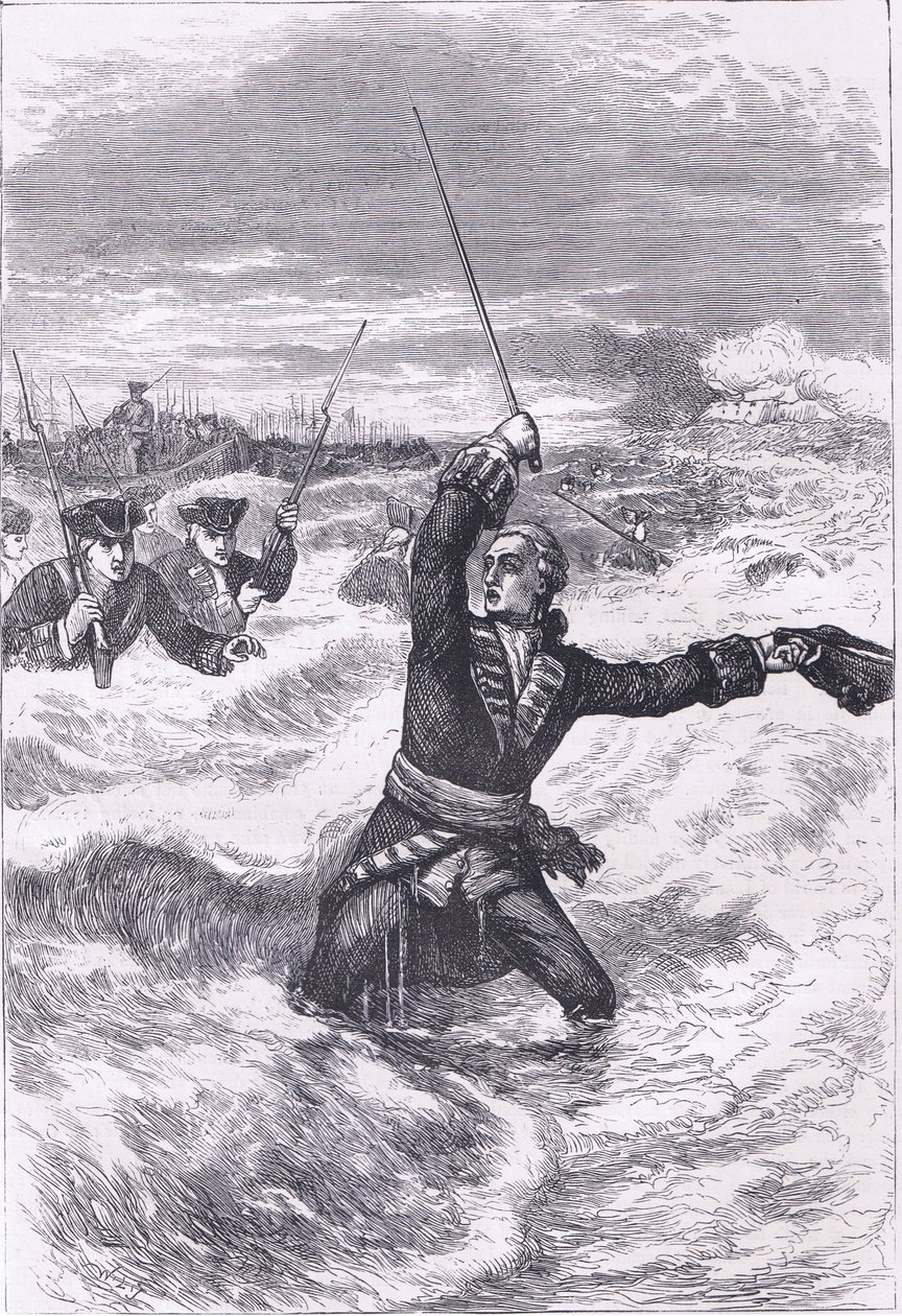 Wolfe landar i Louisburg, illustration från Cassells History of the United States publicerad av Cassell, Petter & Galpin, c.1900 (litho) av American English school