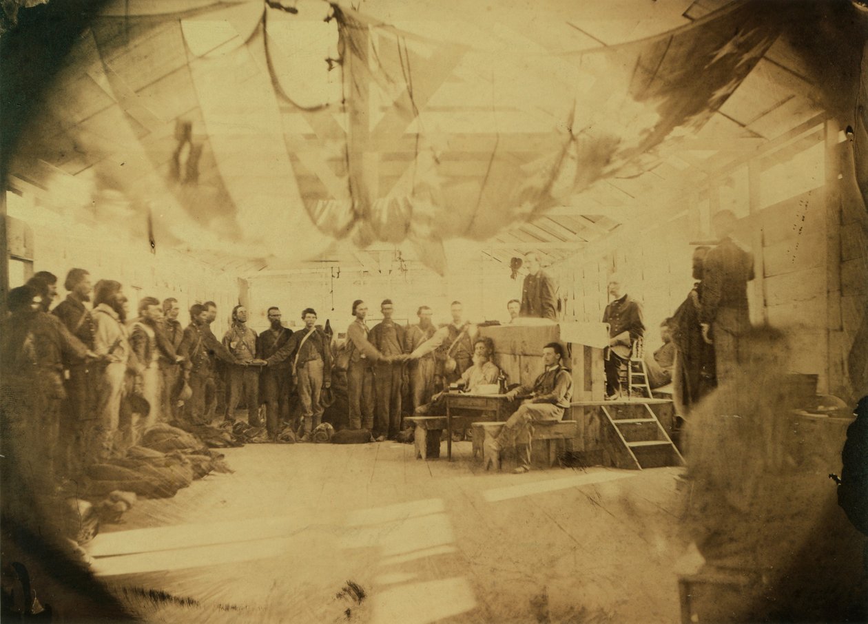 Administration av konfedererade fångars trohetsed, Point Lookout, Maryland, 30 juni 1865 (sepiatryck) av American Photographer