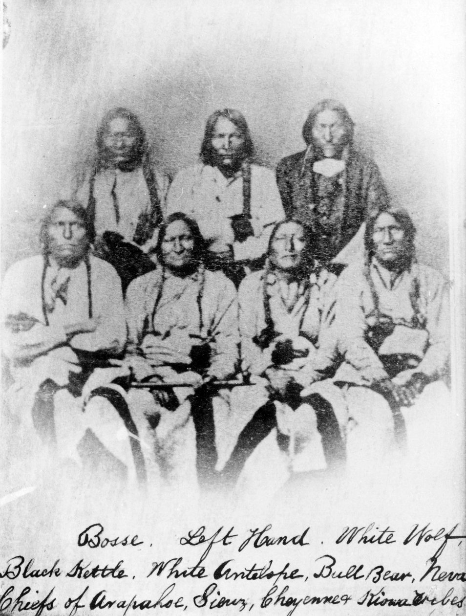 Bose, vänsterhand, vit varg, svart vattenkokare, vit antilop, tjurbjörn, Neva: hövdingar från stammarna Arapahoe, Sioux, Cheyenne och Kiowa, ca 1860-68 av American Photographer