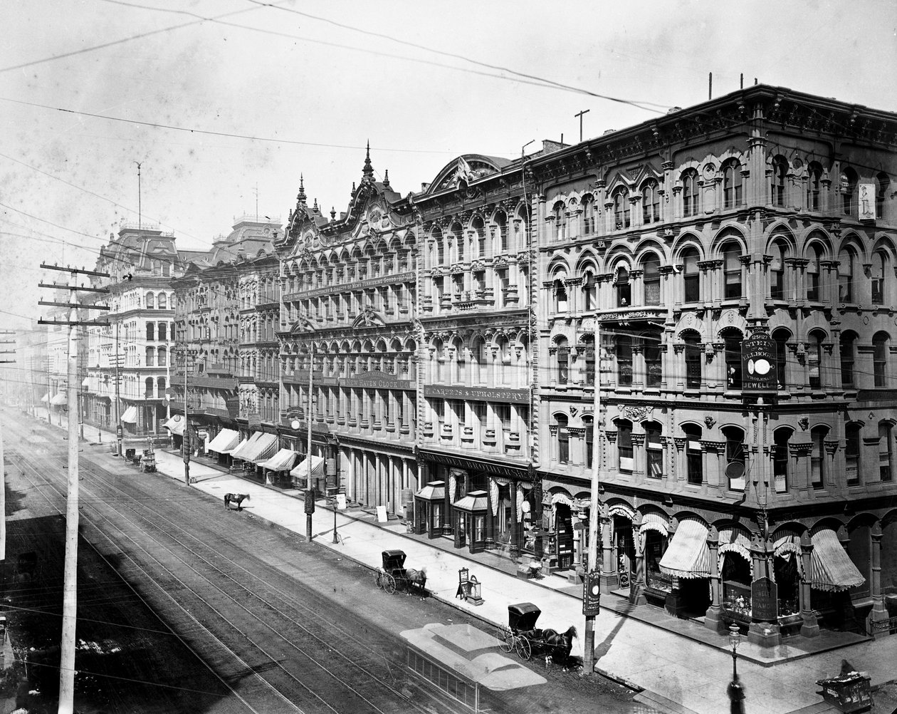 Östra sidan av State Street ser norrut från Madison Street, Chicago, c.1878 av American Photographer