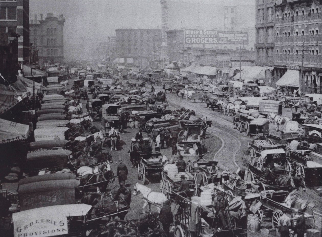 Haymarket Square fyllt med häst och vagn, Chicago av American Photographer