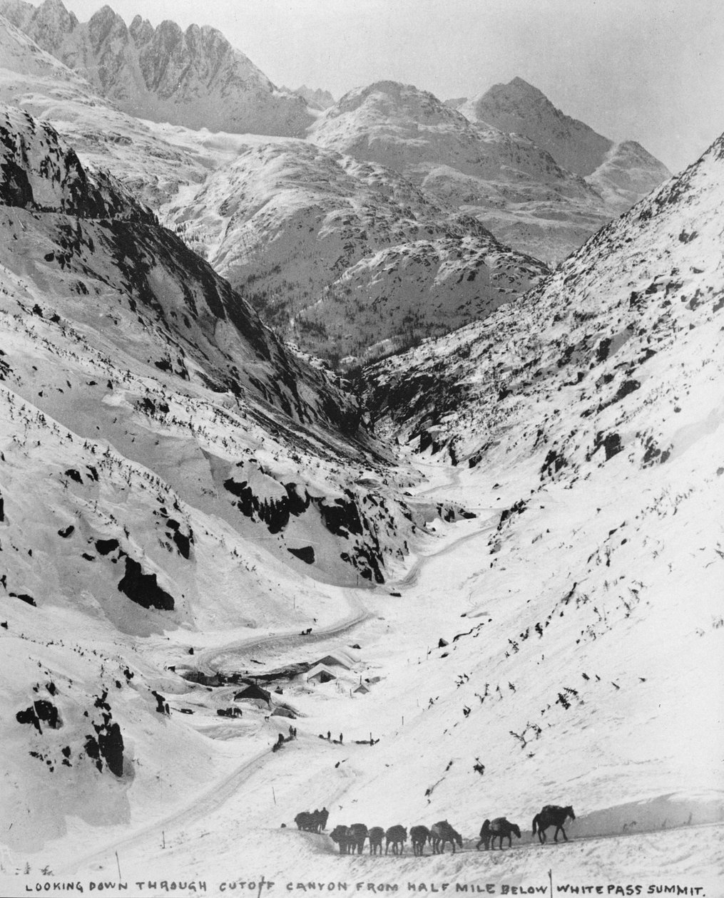Ser ner genom Cutoff Canyon från en halv mil nedanför White Pass Summit, under klondike Gold Rush (1817-98) 1898 (s/v foto) av American Photographer
