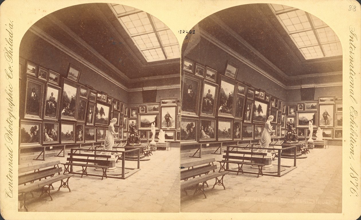 Memorial Hall, amerikanska avdelningen, internationella centennialutställningen 1876, Philadelphia (stereoskopiskt tryck) av American Photographer