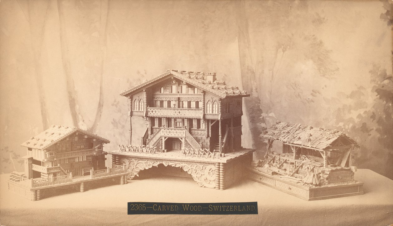 Schweiziska stugor, snidade modeller, Philadelphia Centennial International Exhibition, 1876 (silveralbumintryck) av American Photographer