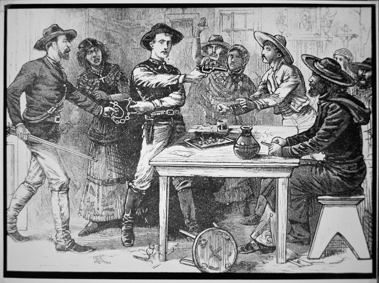 Texas Rangers arresterar en mexikansk fredlös, ca 1880 (gravyr) av American Photographer