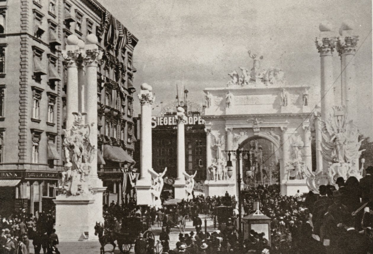 Dewey Arch framför Fifth Avenue Hotel på 23rd St., New York City, för att fira segern över Spanien, 1899 av American Photographer