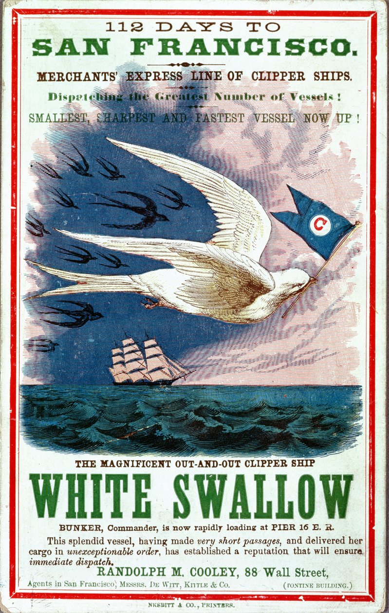 112 dagar till San Francisco affischreklam Merchants Express Line of Clipper Ships, White Swallow av American School