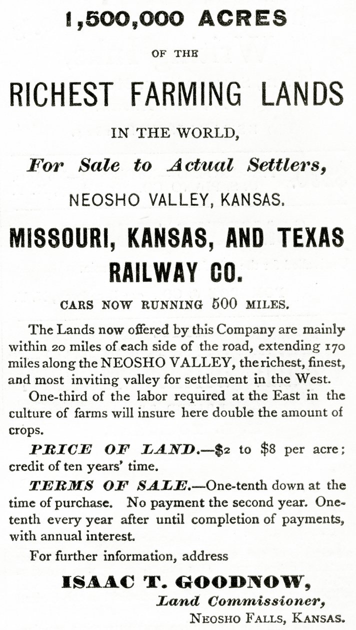 1 500 000 hektar av världens rikaste jordbruksmark, i Neosho Valley, Kansas, annons från Appletons Journal, 4 maj 1872 av American School