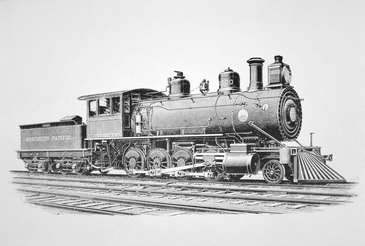 Ett lokomotiv av 2-8-0 Consolidation-typ byggt av Baldwin i juni 1889 för Northern Pacific Railway (litho) av American School