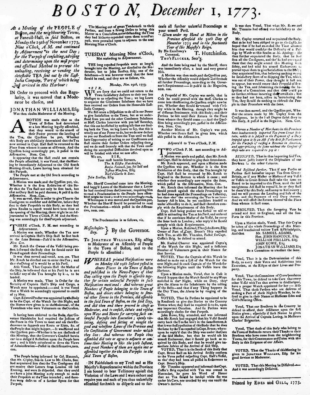 En Broadside-tidning som beskriver händelserna under Boston Tea Party, december 1773 (tryckt) av American School