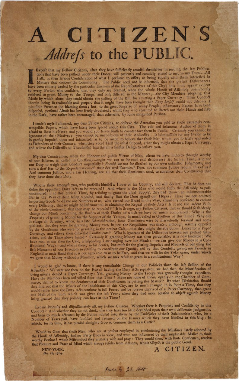 A Citizens Address to the Public angående stöd för kungliga trupper, 18 december 1769 av American School
