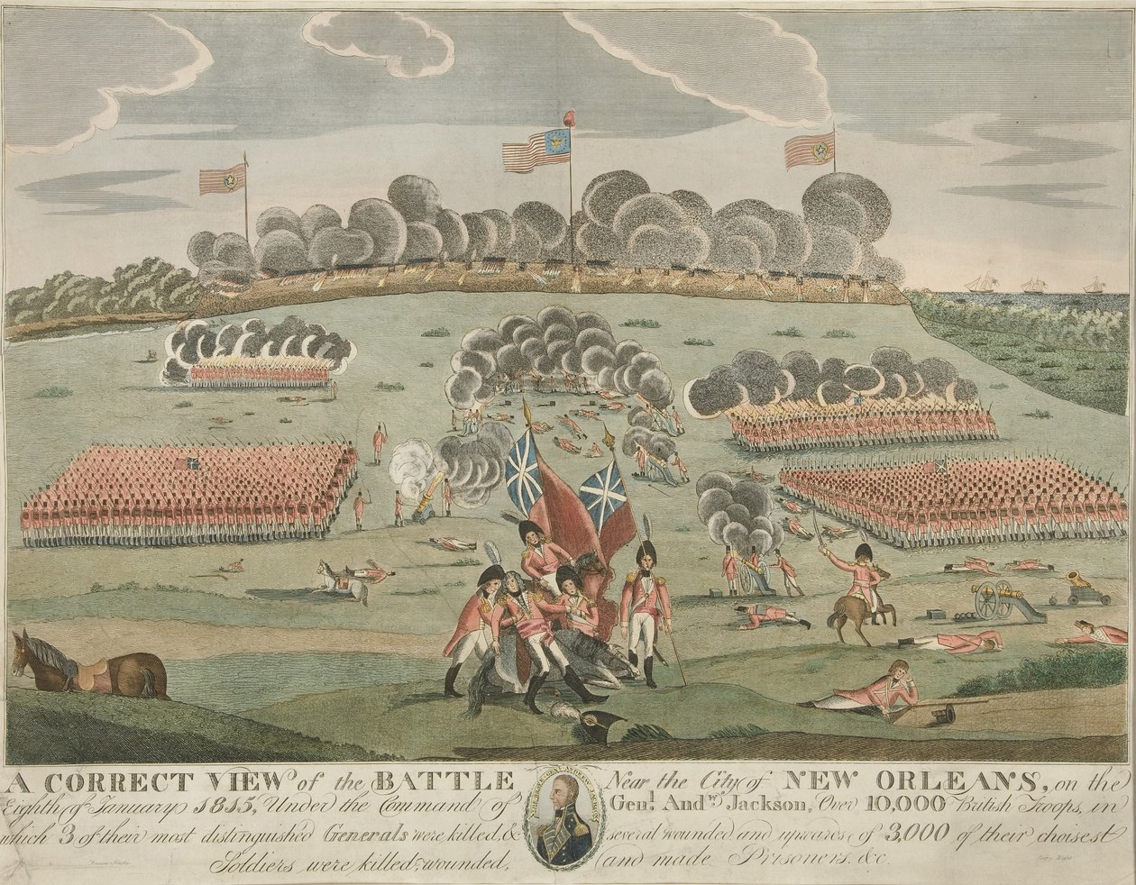 En korrekt vy av slaget nära staden New Orleans, pub. c.1815 (Handfärgad gravyr) av American School