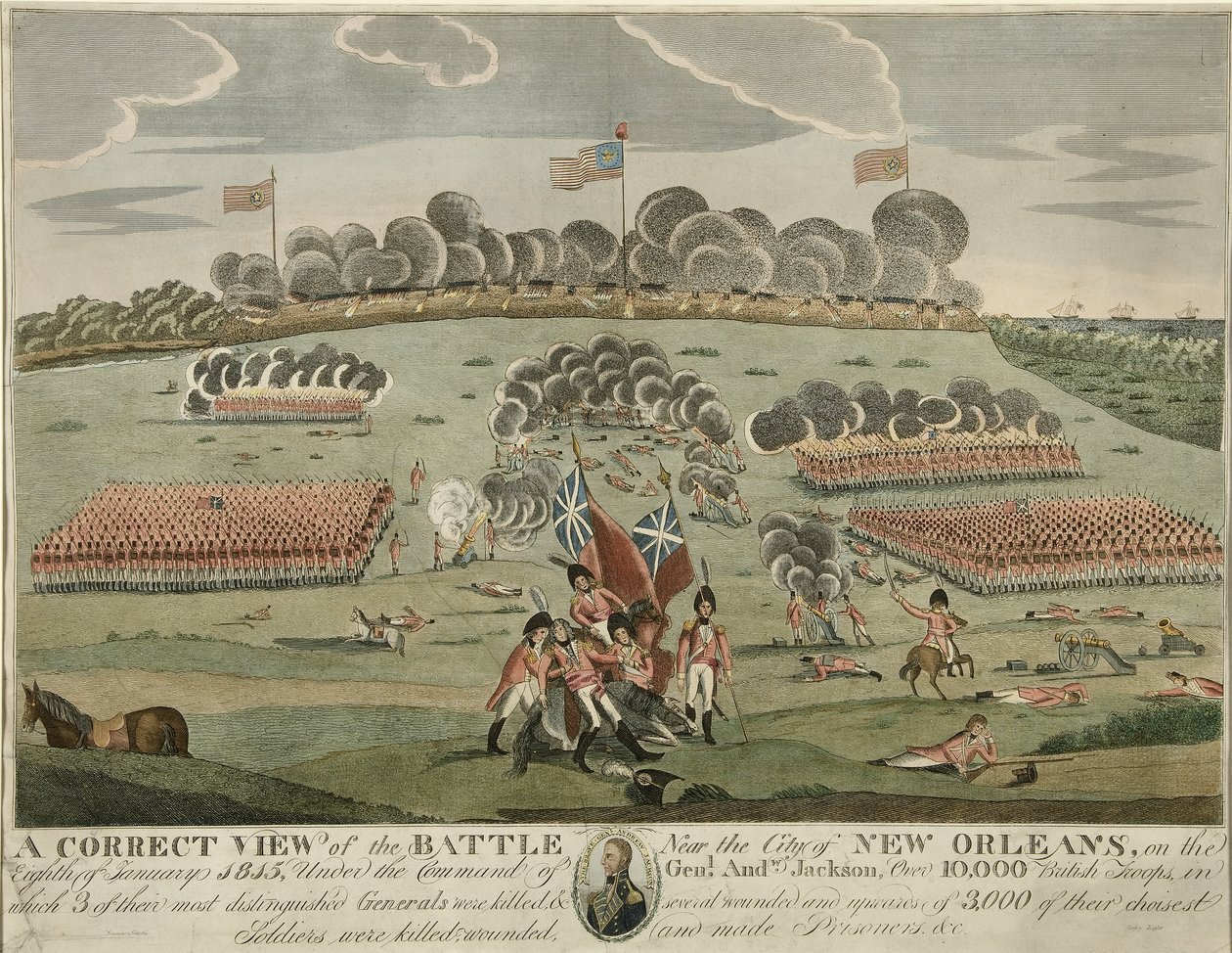 En korrekt vy av slaget nära staden New Orleans, pub. c.1815 (handfärgad gravyr) av American School