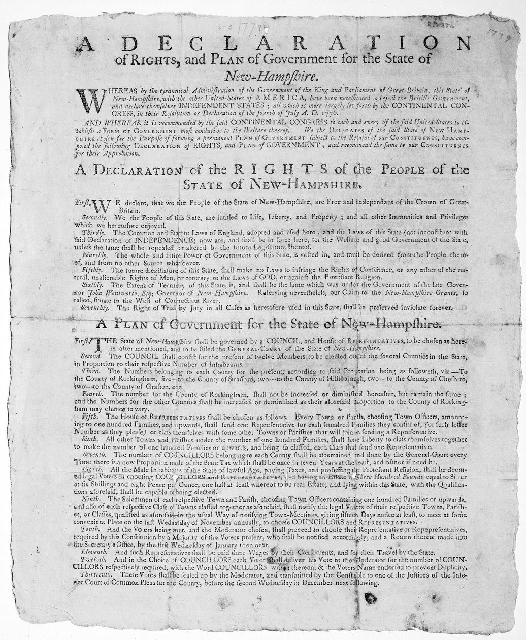 En deklaration om rättigheter och regeringsplan för staten New Hampshire, 1779 (tryck) av American School