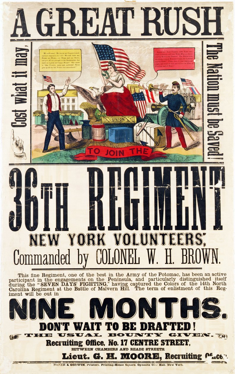 A Great Rush, rekryteringsaffisch för 36th Regiment, publicerad av Baker & Goodwin av American School
