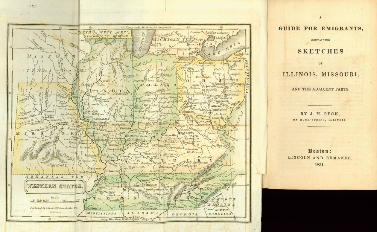 A Guide for Emigrants, innehållande skisser av Illinois, Missouri och de intilliggande delarna, av J.M. Peck, publicerad av Lincoln och Edmands, Boston, 1831 av American School