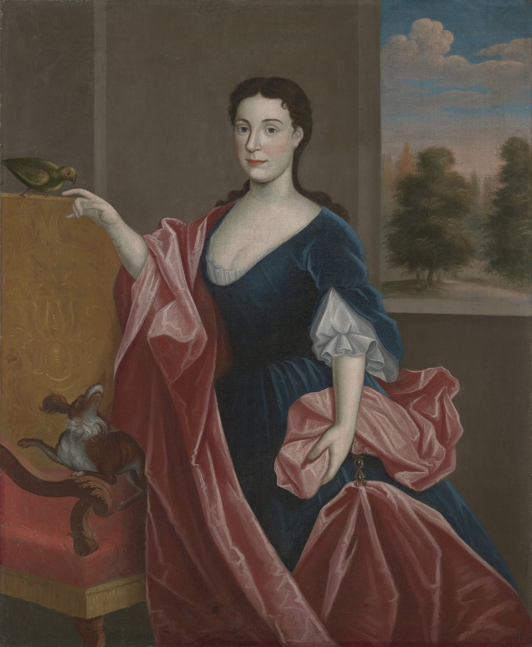 En dam i Hudson Valley med hund och papegoja, ca 1720-30 av American School