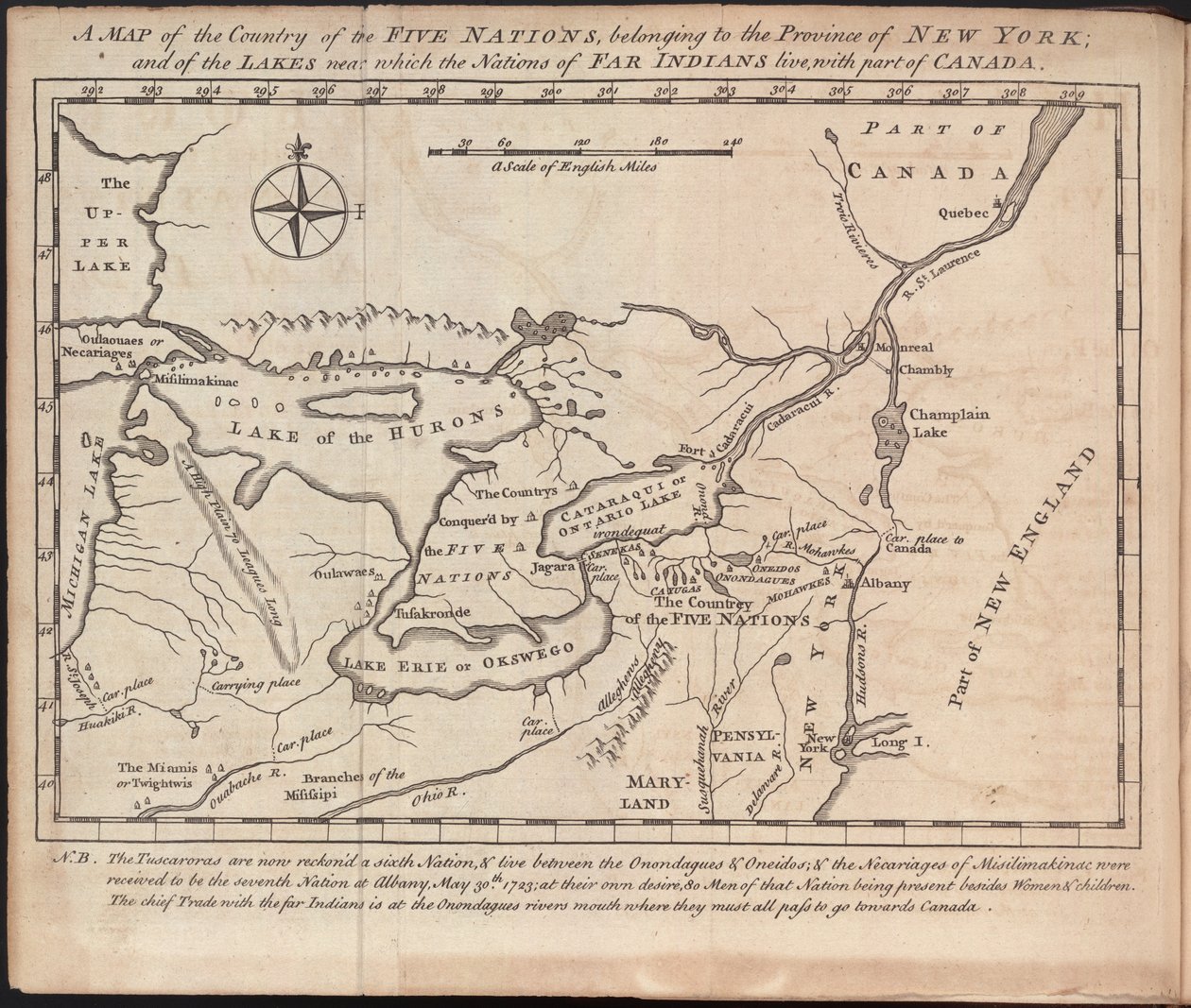 En karta över de fem nationernas land, tillhörande provinsen New York; och över sjöarna nära vilka de fjärran indianernas nationer lever, med en del av Kanada, av Cadwallader Colden av American School