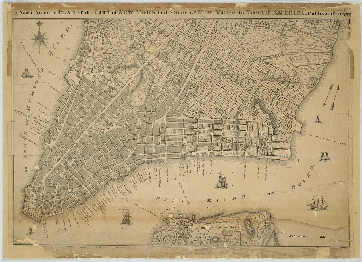 En ny och exakt plan för staden New York i delstaten New York i Nordamerika, publicerad 1797, 1797 (svart och färgat bläck på papper, baksida med tyg) av American School