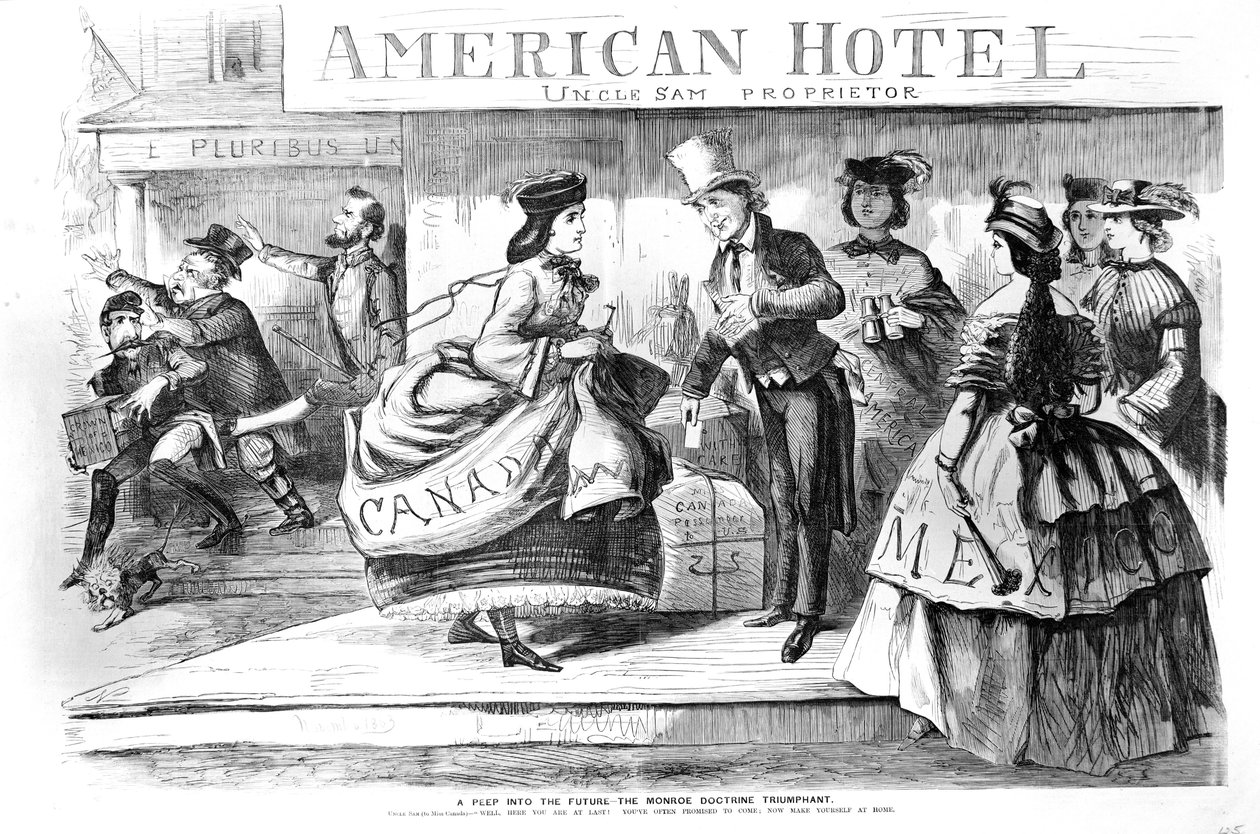 A Peep into the Future - Monroe Doctrin Triumphant tecknad serie från Frank Leslies Budget of Fun, november 1863 av American School