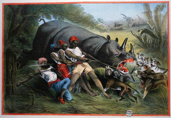 En noshörningjakt (chromolitho) av American School