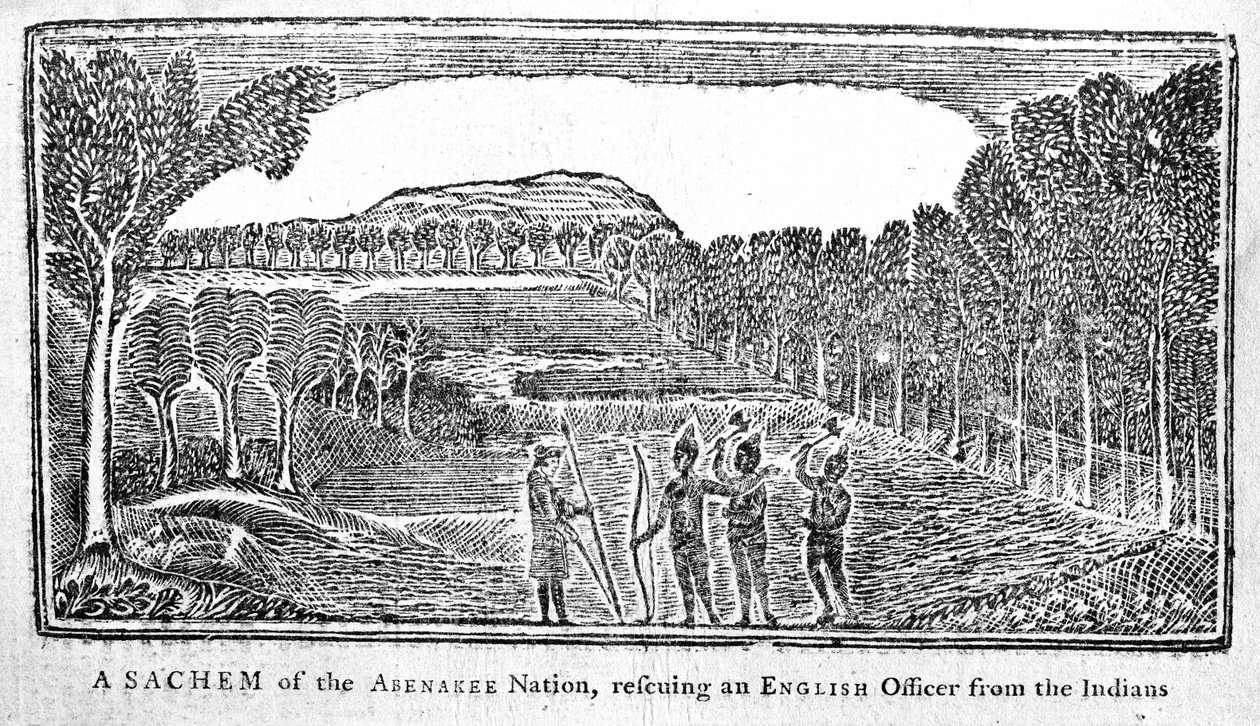 En Sachem från Abenakee Nation som räddar en engelsk officer, illustration från Bickerstaffs Boston Almanack, publicerad 1768 av American School