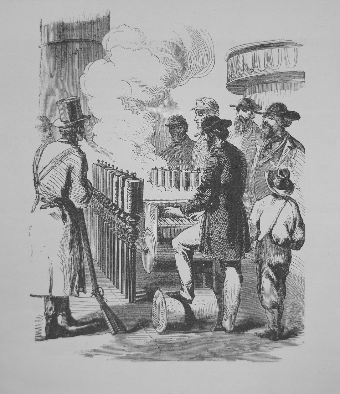 En ångdriven kalliope, använd på amerikanska ångbåtar, ca 1870 (gravyr) av American School