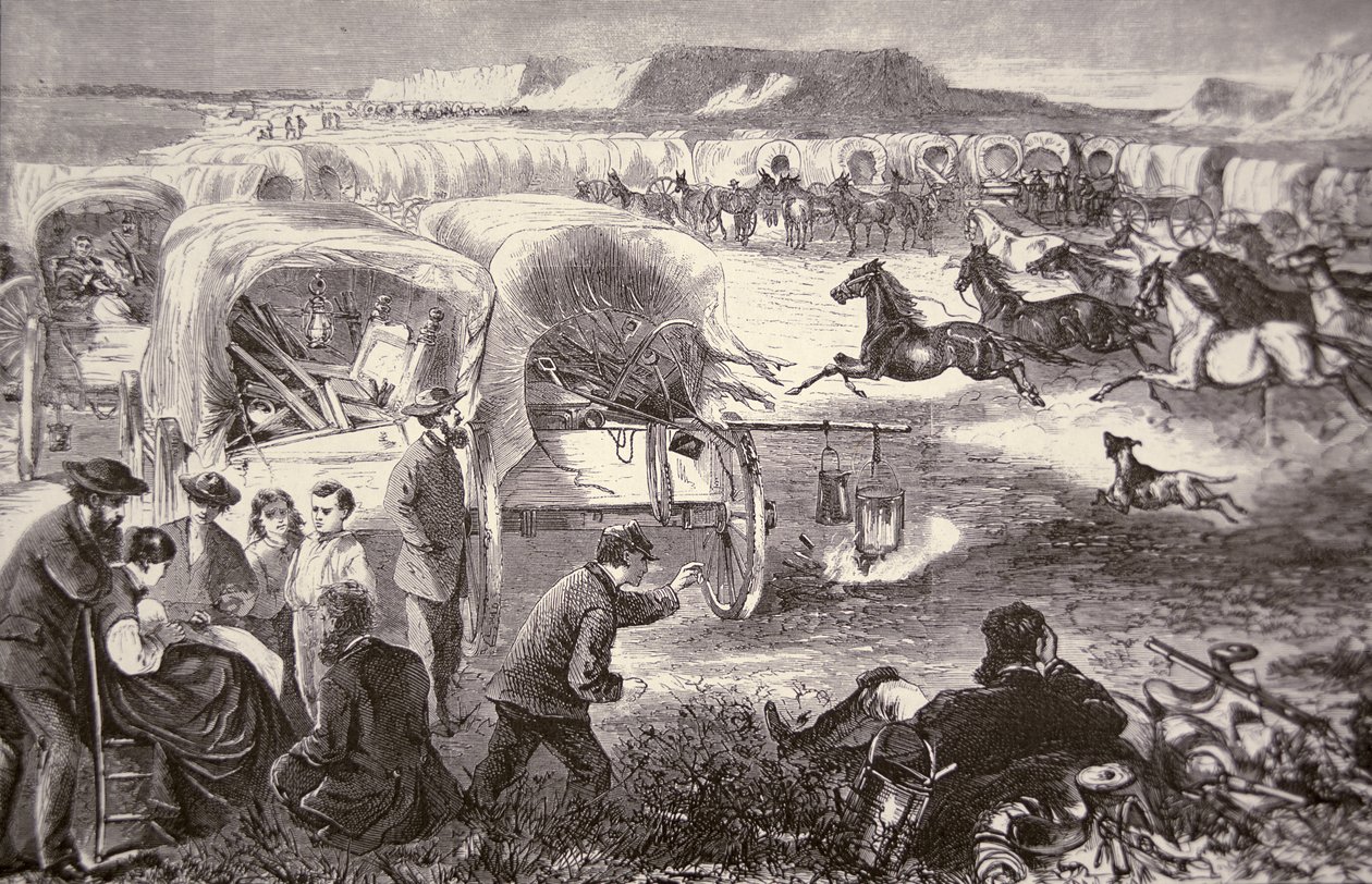 Ett vagnståg bildades till en inhägnad på Oregon Trail av American School