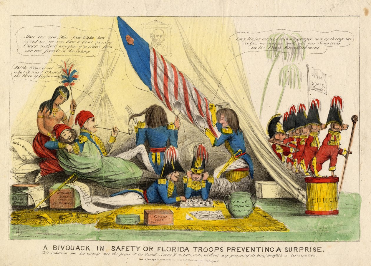 En bivack i säkerhet, eller Florida-trupper som förhindrar en överraskning, publicerad av H R Robinson, New York, ca 1839 av American School