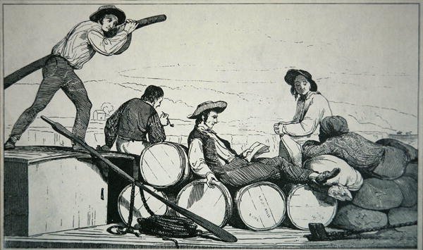 En flatbåt som fraktar last på Mississippifloden, ca 1840 (gravyr) av American School