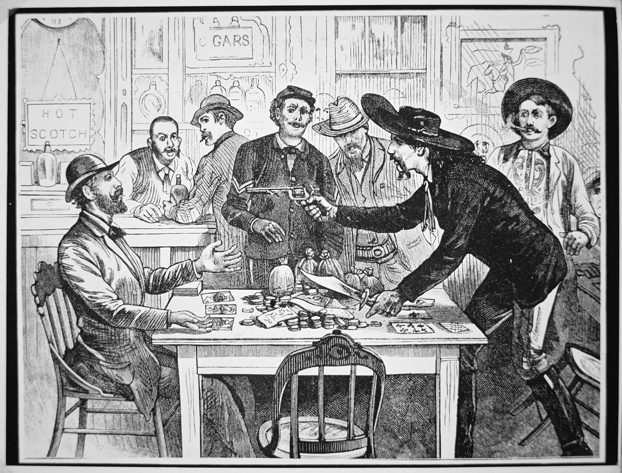 En spelare anklagar en medspelare för fusk, ca 1880 (gravyr) av American School