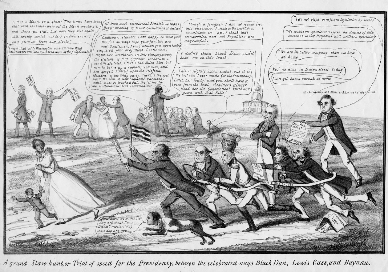 En storslagen slavjakt, eller, snabbhetsprövning för presidentskapet, mellan de hyllade tjatarna Black Dan, Lewis Cass och Haynau, publicerad av T.C., New York, ca 1852 av American School