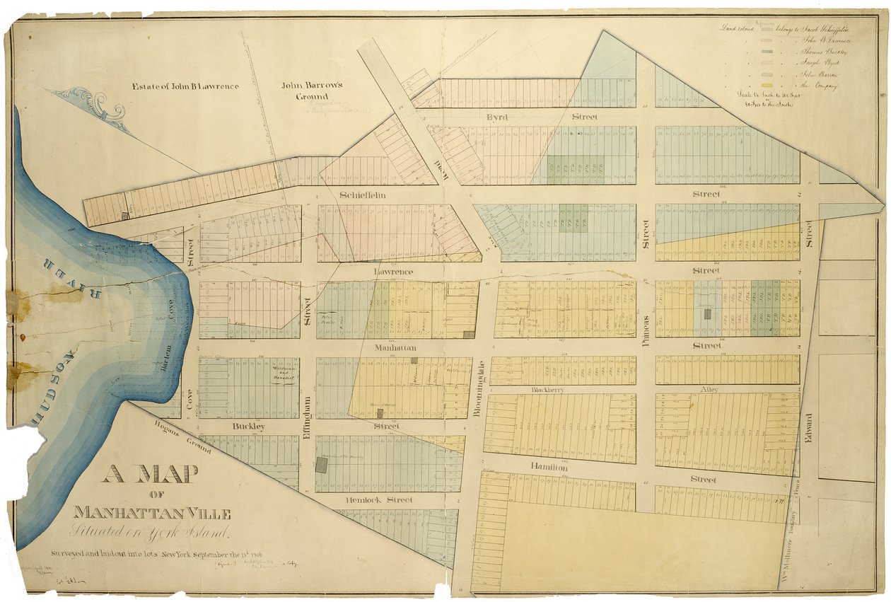 En karta över Manhattanville Belägen på York Island / undersökt och upplagd i partier av Adolphus Loss; kopierade R.J. Dodge., 1850 av American School