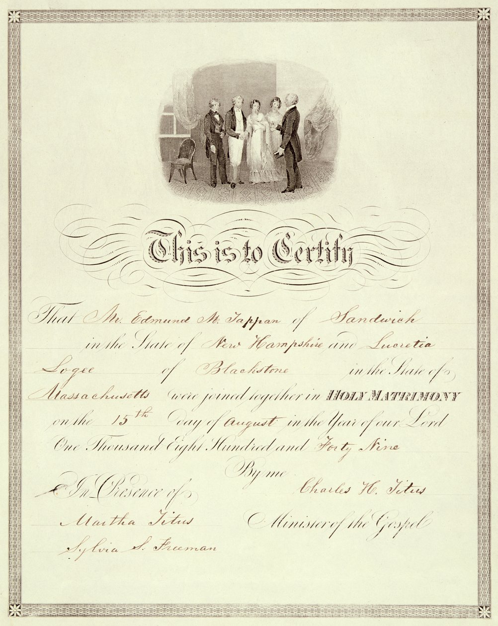 Ett vigselbevis från 1849 av American School