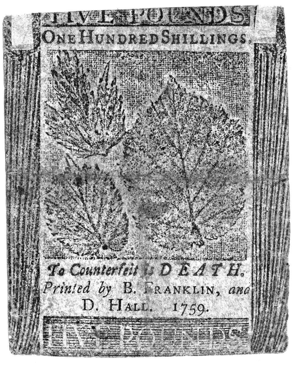 En hundra shilling sedel tryckt av B. Franklin och D. Hall, 1759 (tryck) av American School