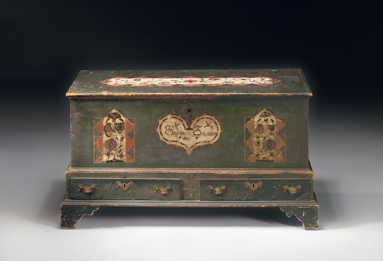 En målarfärgad dower-kista med hiss, inskriven Susana Scheblern, troligen Lancaster County, Pennsylvania, 1790 av American School
