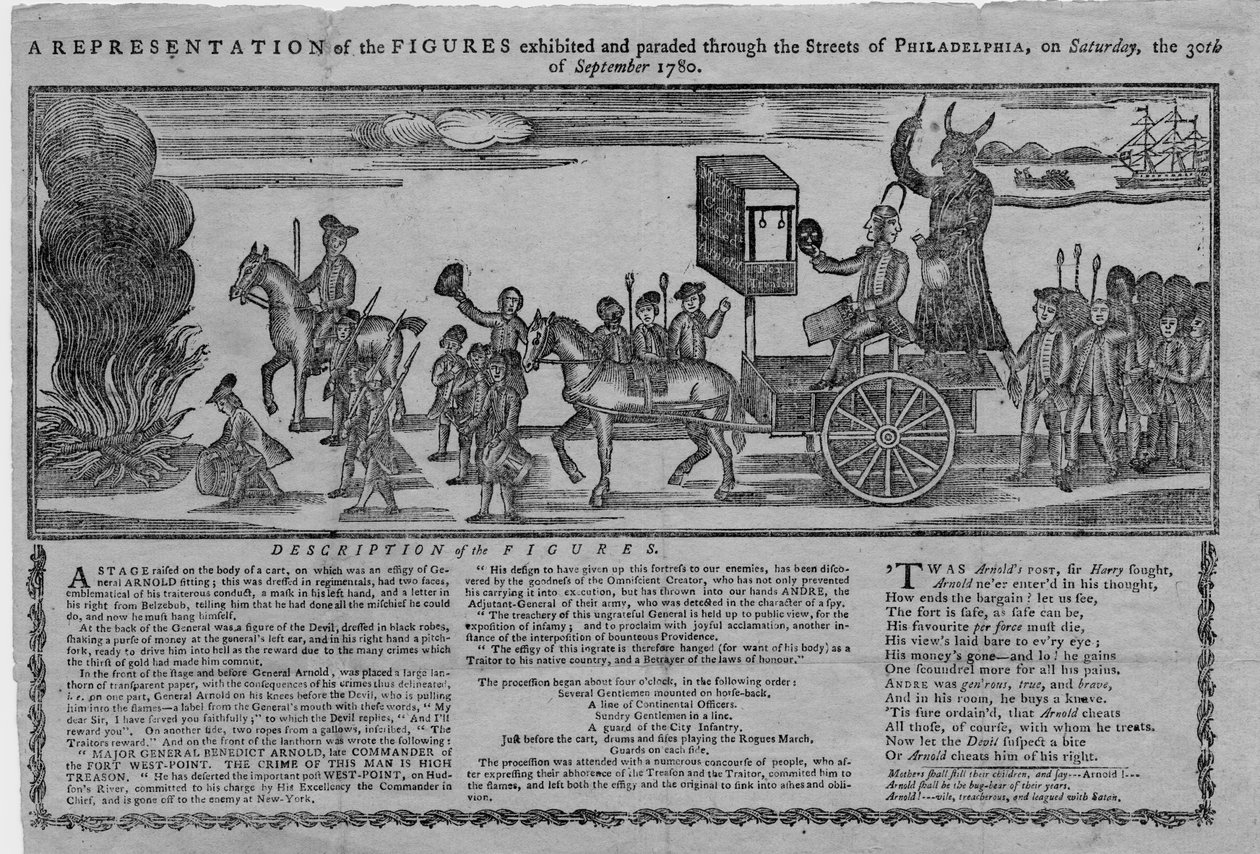En representation av figurerna som ställdes ut och paraderade genom Philadelphias gator lördagen den 30 september 1780 av American School