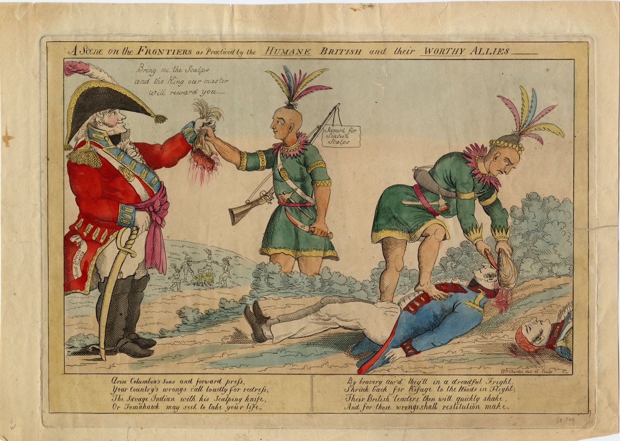 En scen vid gränserna som utövas av de humana britterna och deras värdiga allierade, ca 1813 (handfärgad etsning) av American School