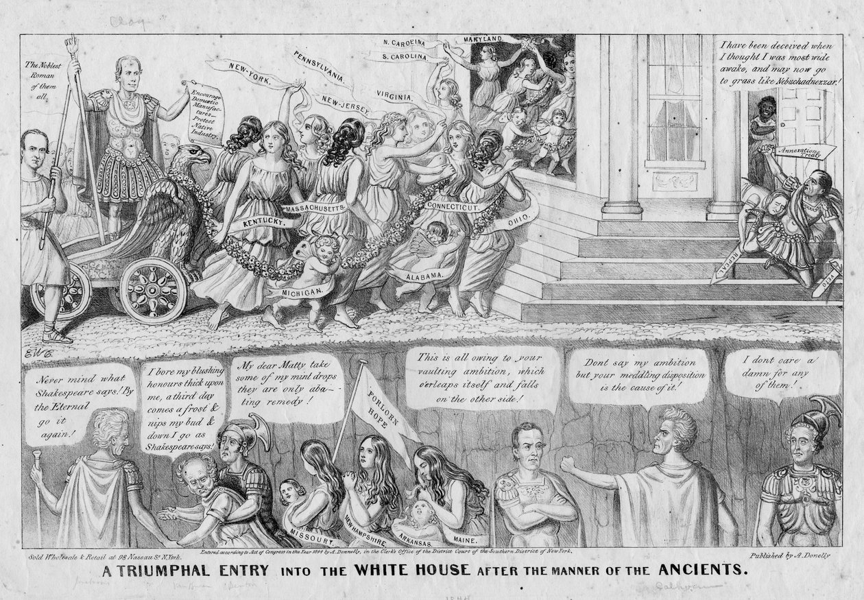 Ett triumferande intåg i Vita huset efter de gamlas sätt, publicerad av A Donnelly, New York, 1844 av American School