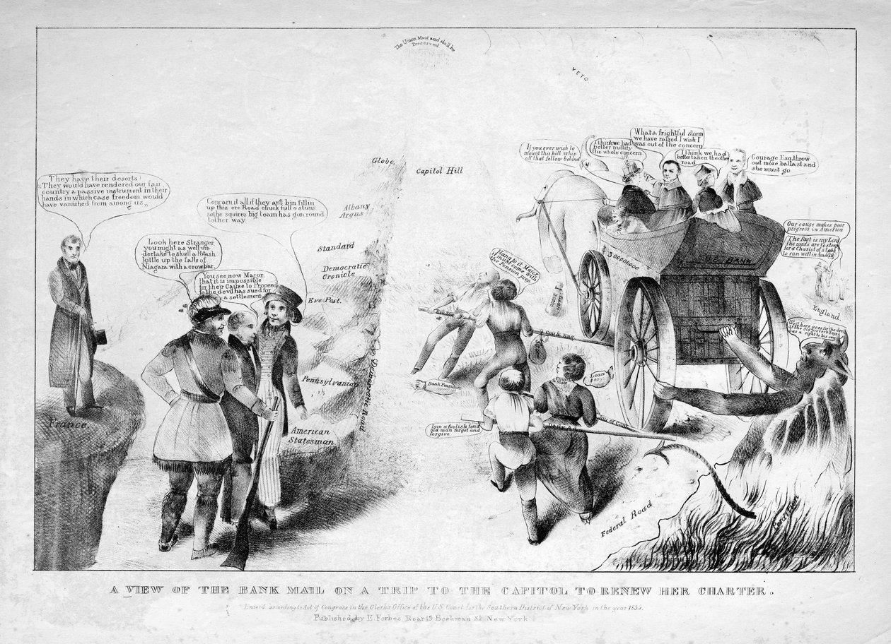 En vy av bankposten på en resa till Capitolium för att förnya hennes charter, 1834 av American School