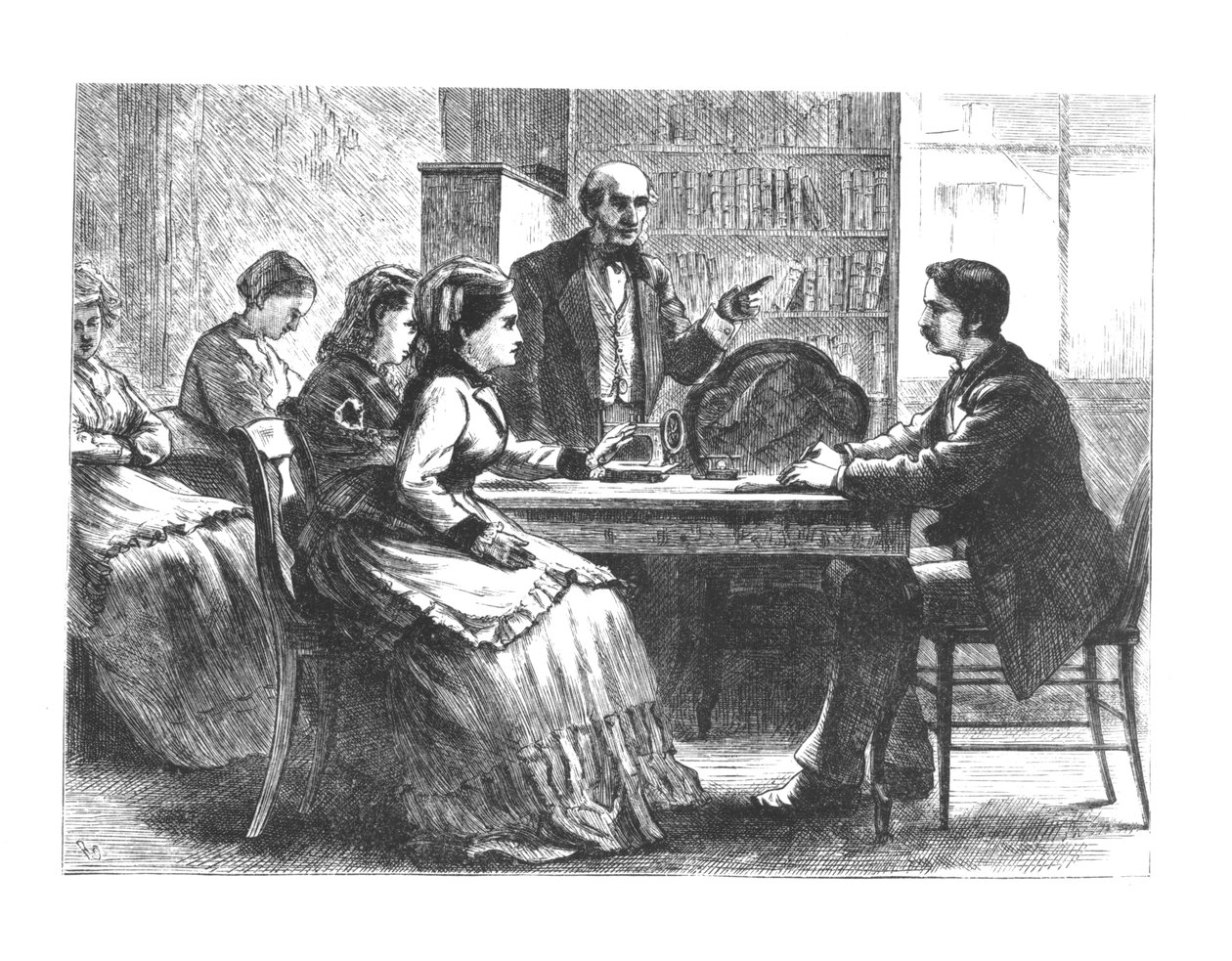 En kvinna förhandlar med en fabrikschef, assisterad av en rådgivare från Susan B. Anthonys nya Working Womens Protective Association, 1860-70-talet av American School